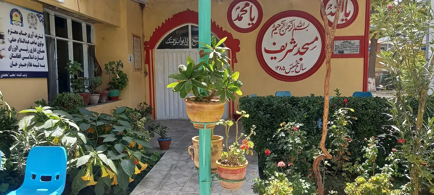 The entrance to the school mosque, surrounded by plants